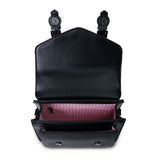 Czarna torebka damska z Harris Tweed i skóry ekologicznej Calton w malinową kratkę