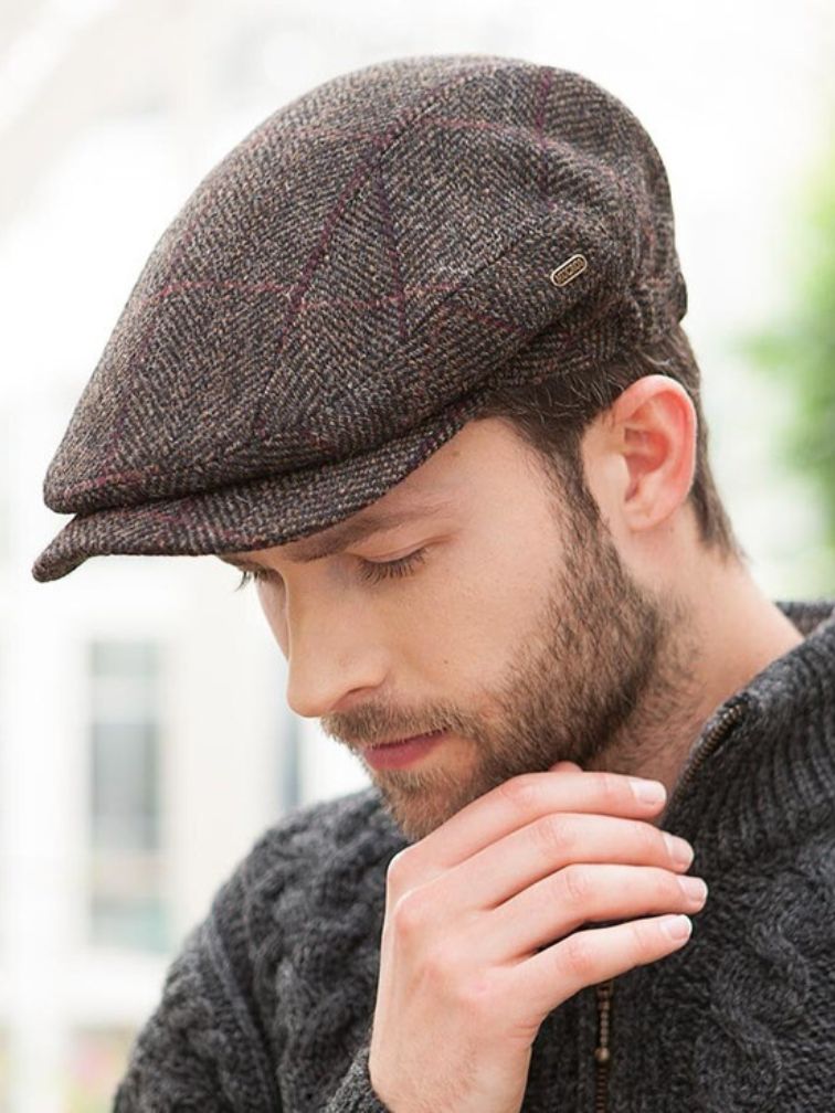 irlandzki brązowy wełniany kaszkiet męski Kerry w jodełkę