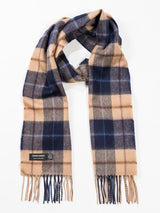 Beżowo granatowy szalik z wełny merino w kratkę