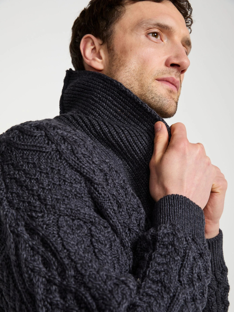 Męski kardigan z kołnierzem wełny merino - grafitowy