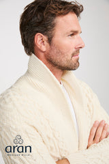 Męski kardigan z kołnierzem wełny merino - kremowy