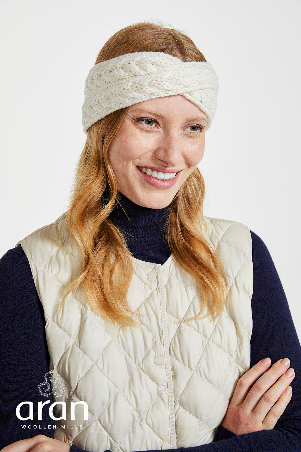 Opaska na głowę z wełny super soft merino - w kolorze kremowym