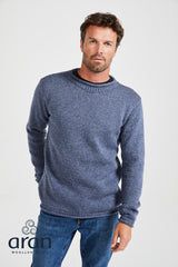 Sweter męski z wełny merino - jeansowy, ciemny błękit