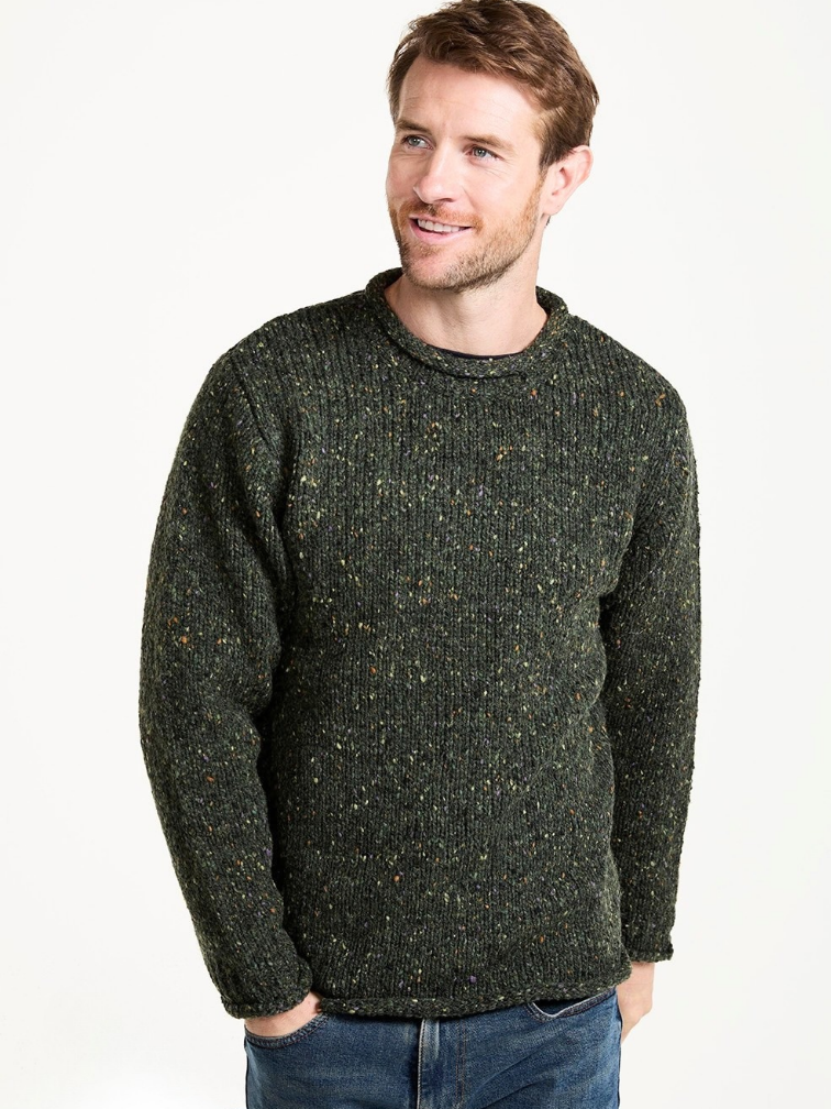 Oliwkowy sweter męski Aran z wełny Donegal