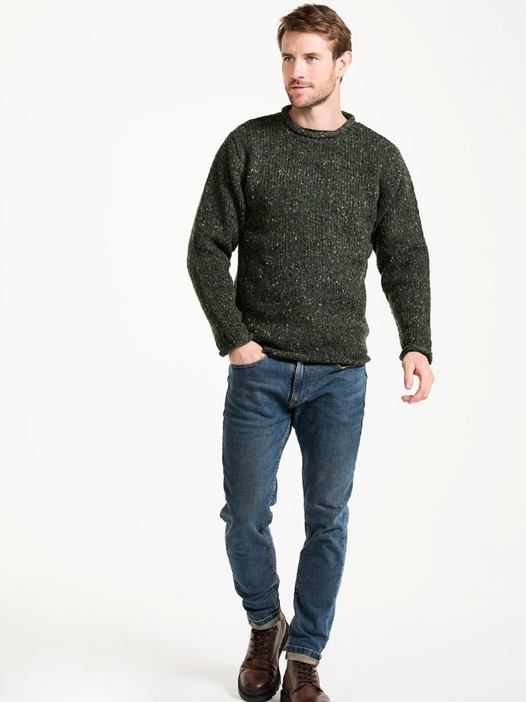 Oliwkowy sweter męski Aran z wełny Donegal