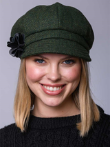 Damski zielony kapelusz wełniany typu newsboy w jodełkę