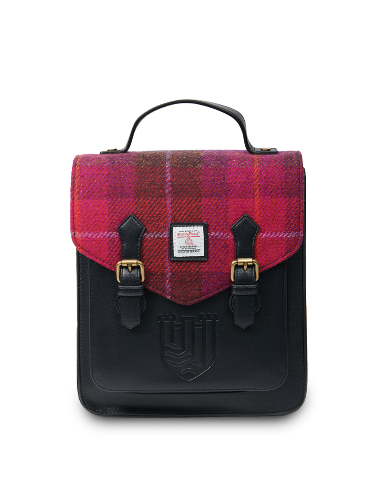 Plecak Calton z Harris Tweedu w kolorze czarnym w malinową kratkę
