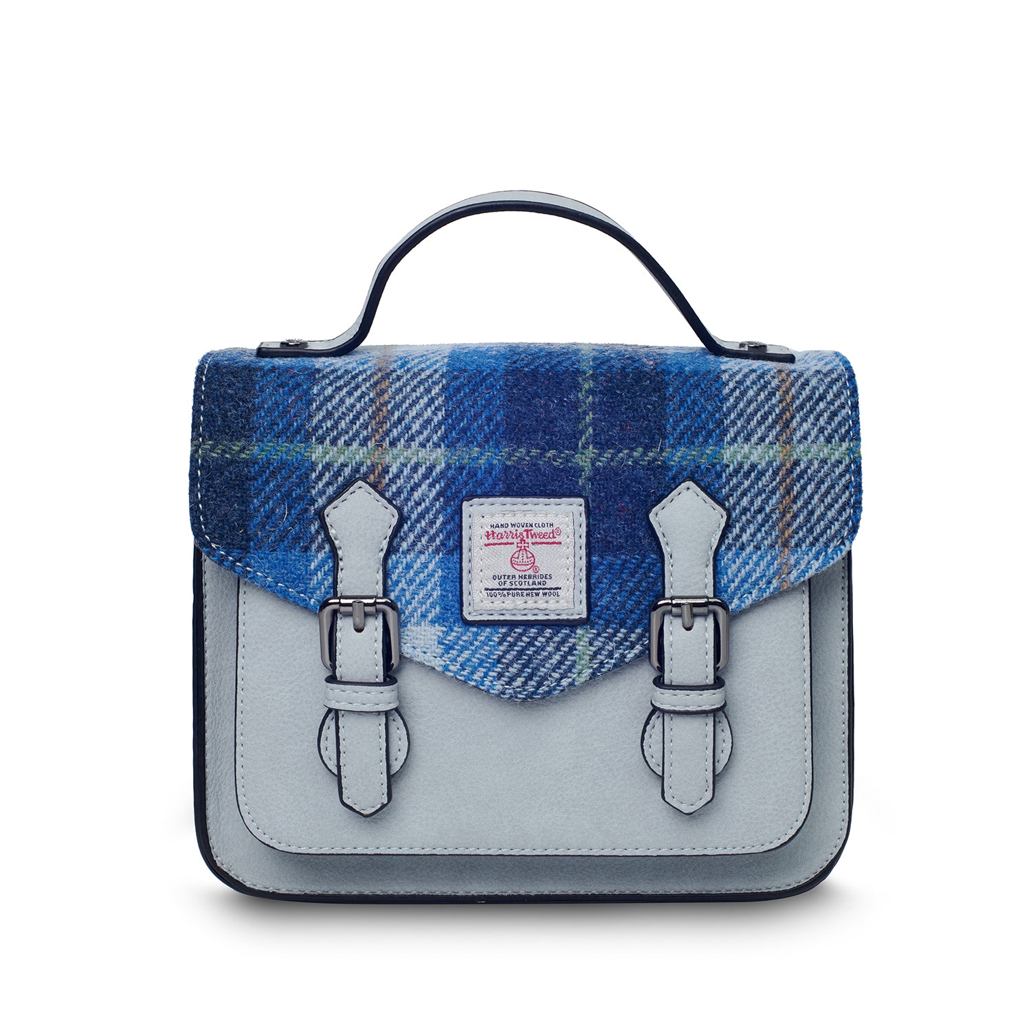 Niebieska torebka damska z Harris Tweed i skóry ekologicznej Calton w kratkę
