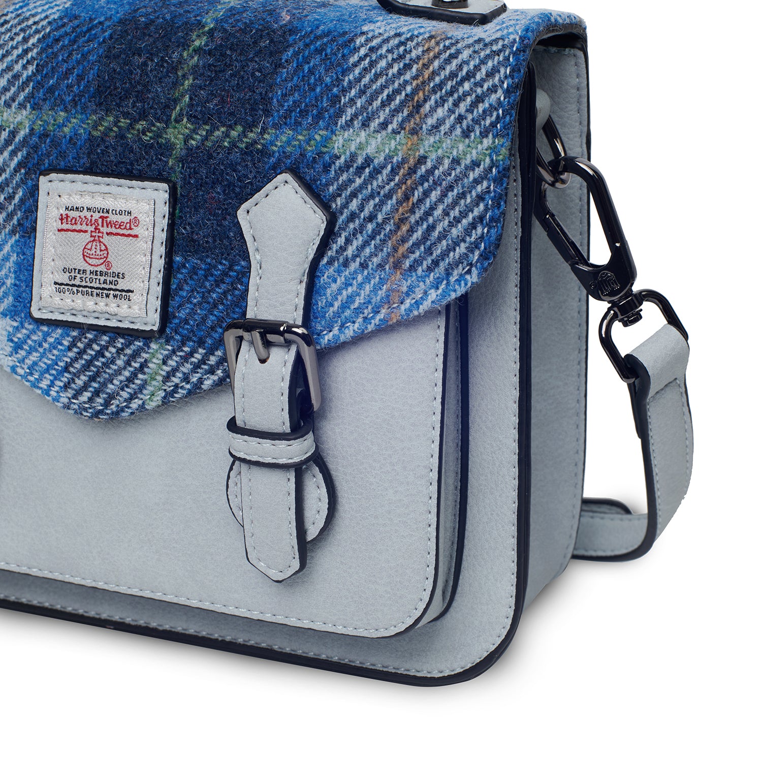 Niebieska torebka damska z Harris Tweed i skóry ekologicznej Calton w kratkę