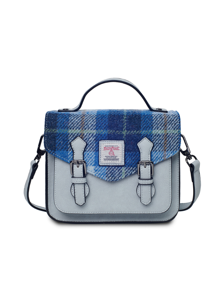 Niebieska torebka damska z Harris Tweed i skóry ekologicznej Calton w kratkę