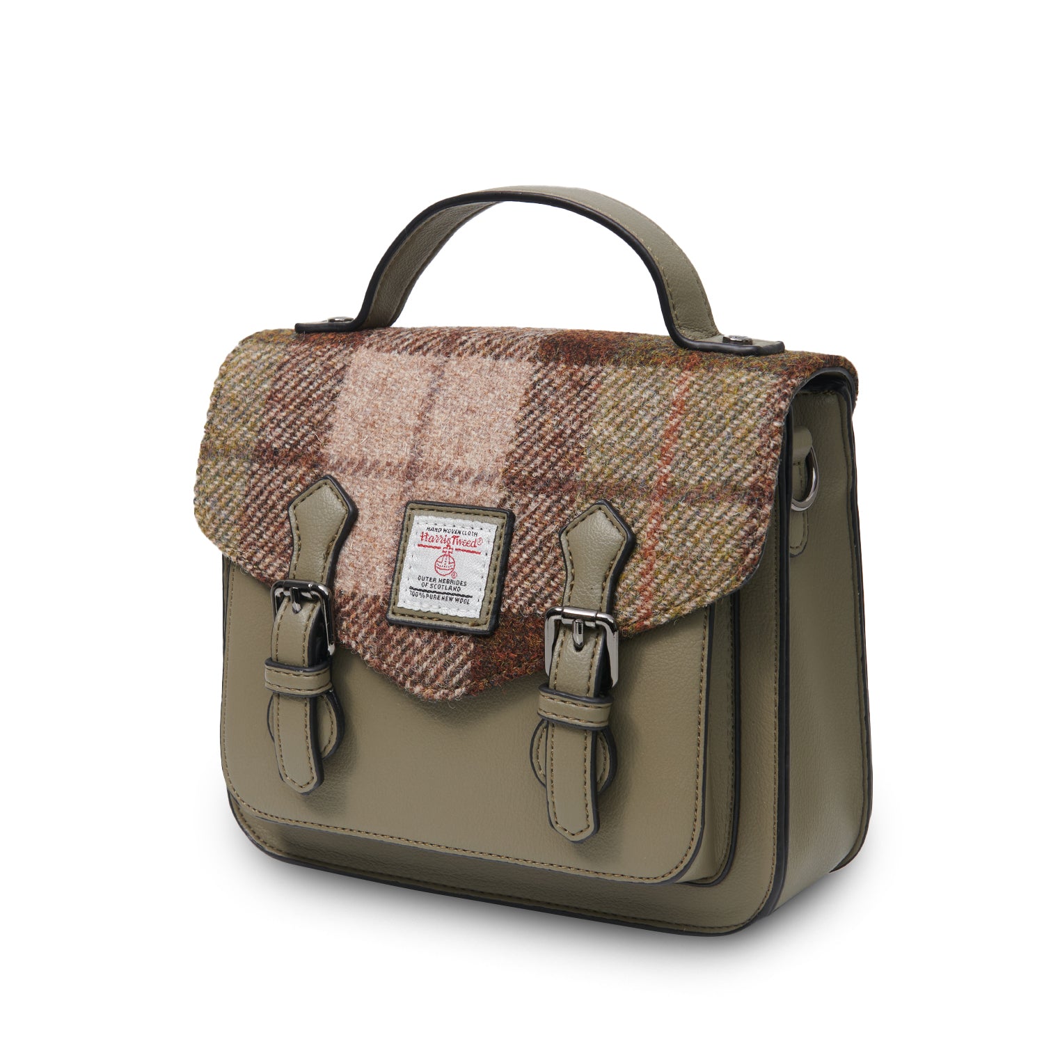 Oliwkowa torebka damska z Harris Tweed i skóry ekologicznej Calton w kratkę