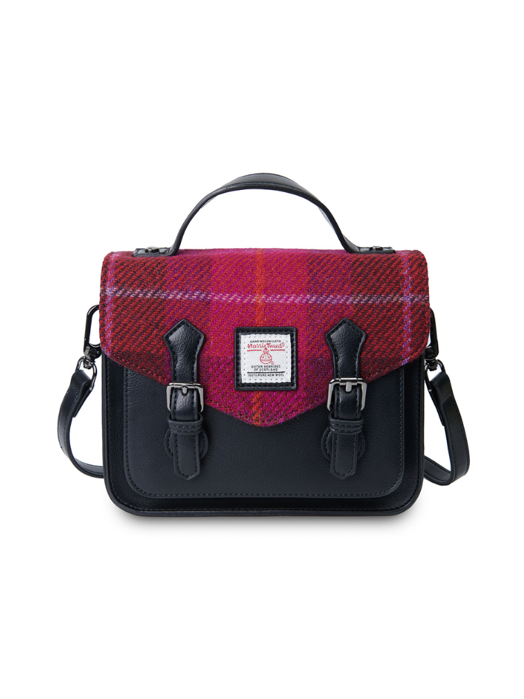 Czarna torebka damska z Harris Tweed i skóry ekologicznej Calton w malinową kratkę