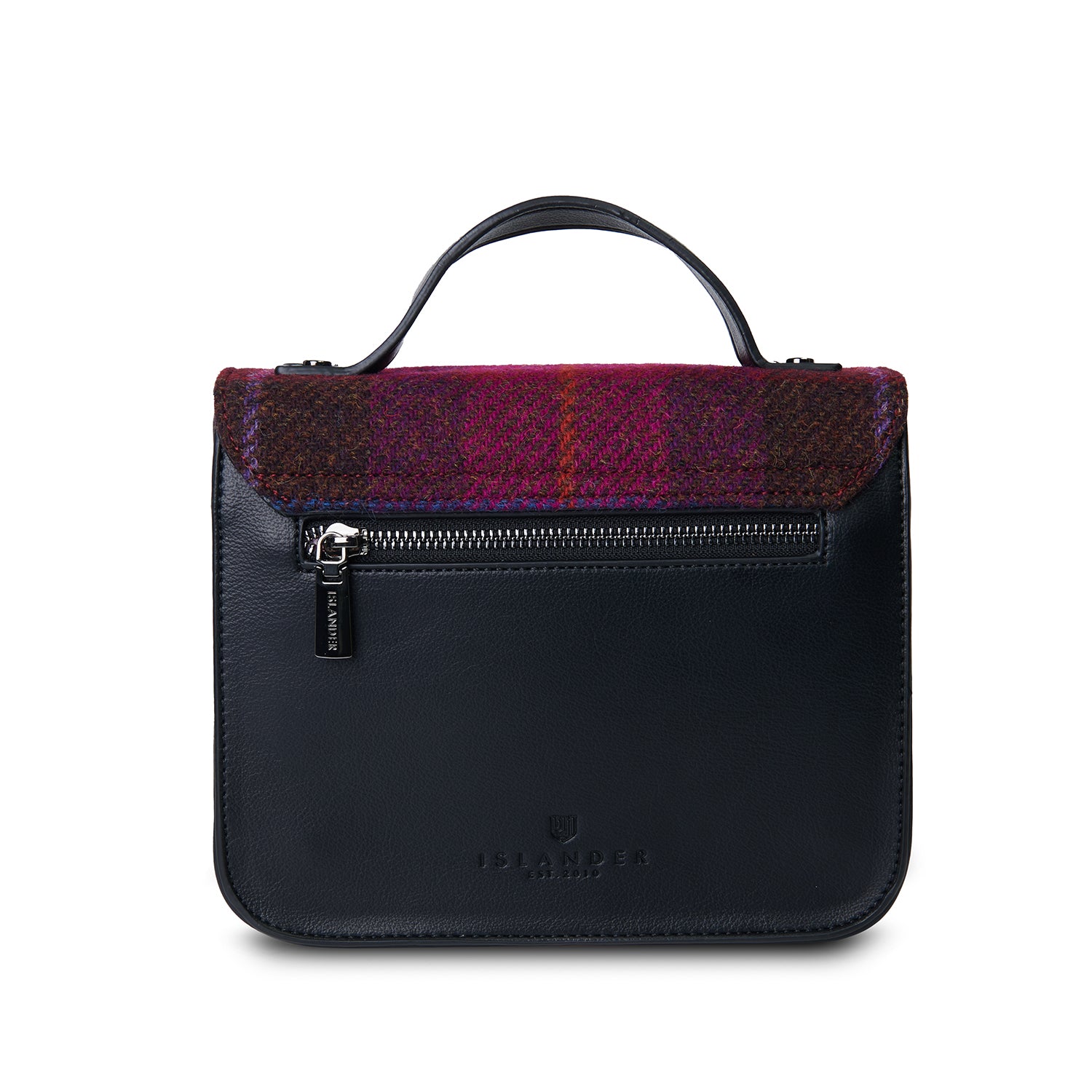 Czarna torebka damska z Harris Tweed i skóry ekologicznej Calton w malinową kratkę