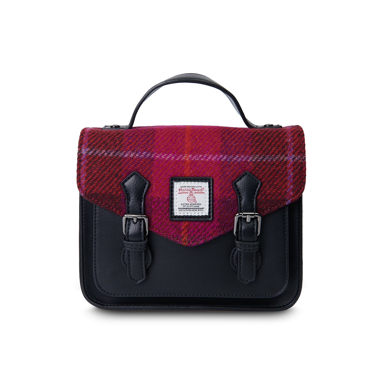 Czarna torebka damska z Harris Tweed i skóry ekologicznej Calton w malinową kratkę