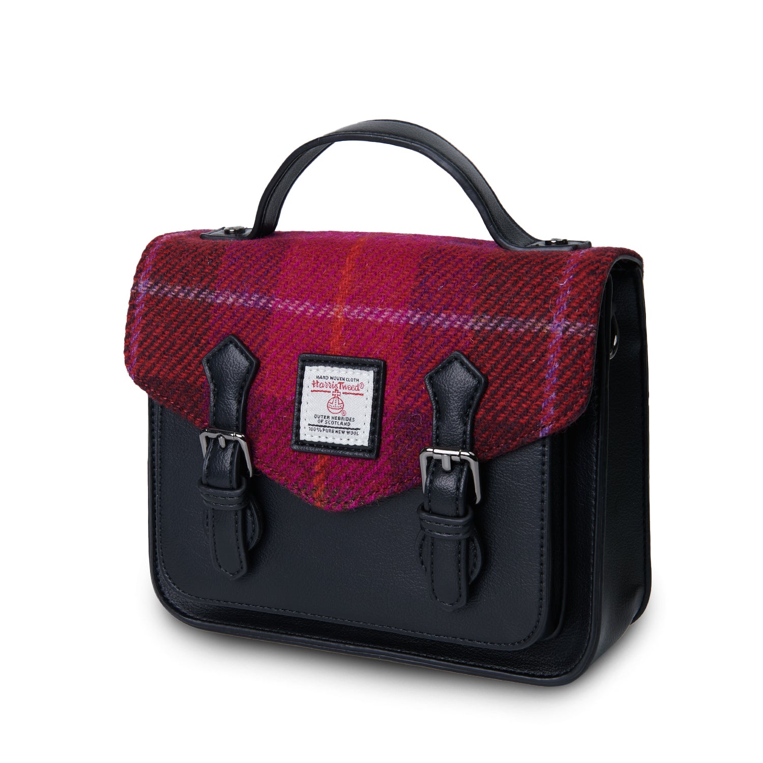 Czarna torebka damska z Harris Tweed i skóry ekologicznej Calton w malinową kratkę
