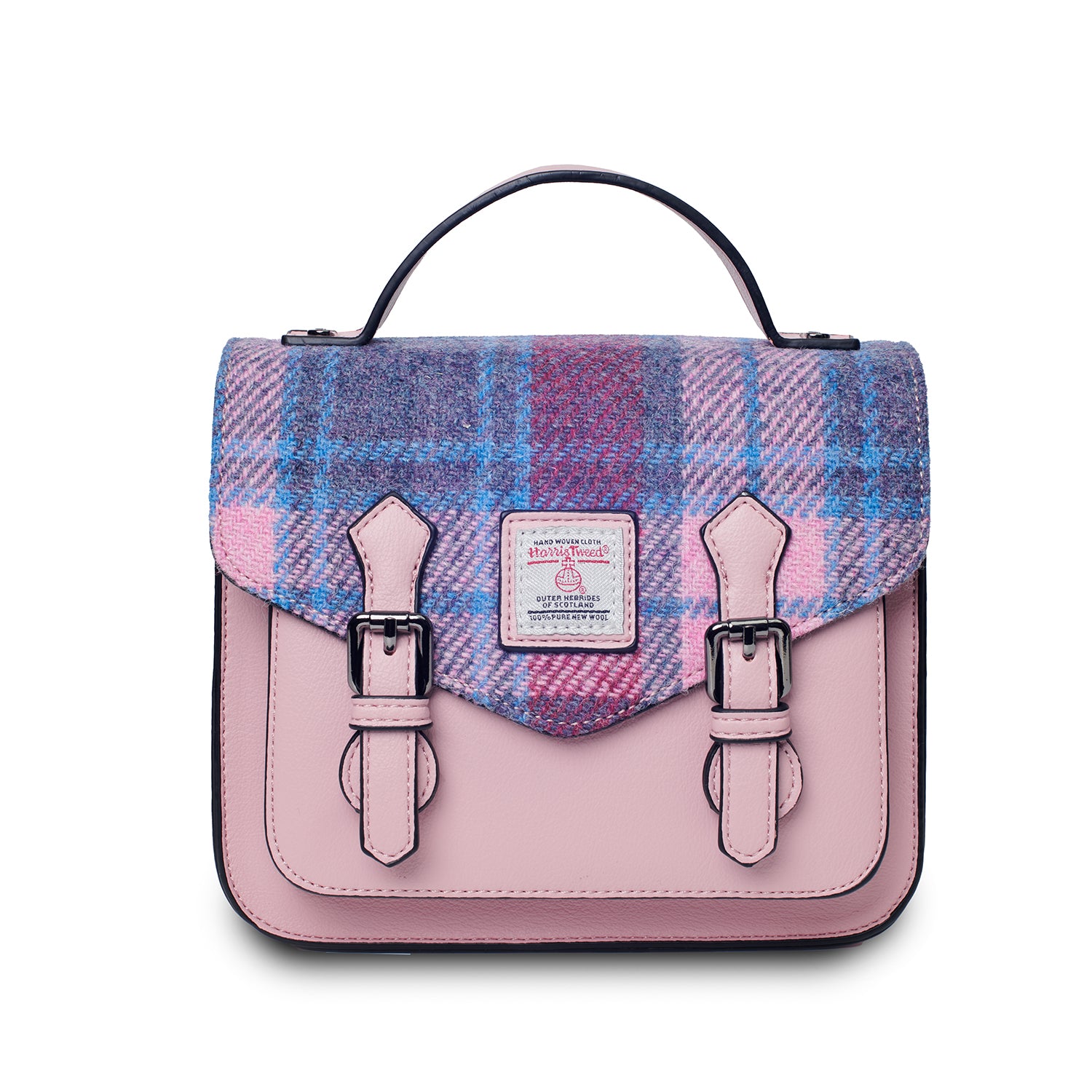 Różowa torebka damska z Harris Tweed i skóry ekologicznej Calton w kratkę