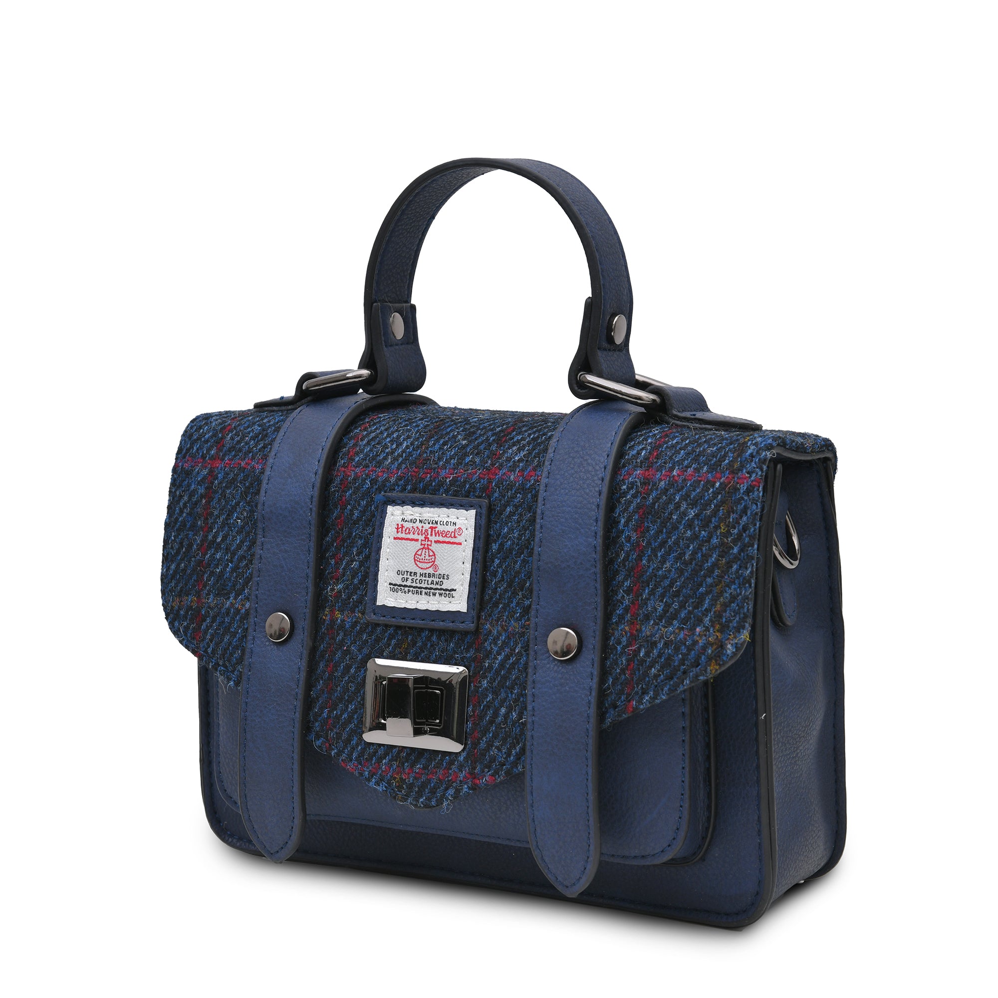 Granatowa torebka Harris Tweed i skóra ekologiczna w delikatną kratkę