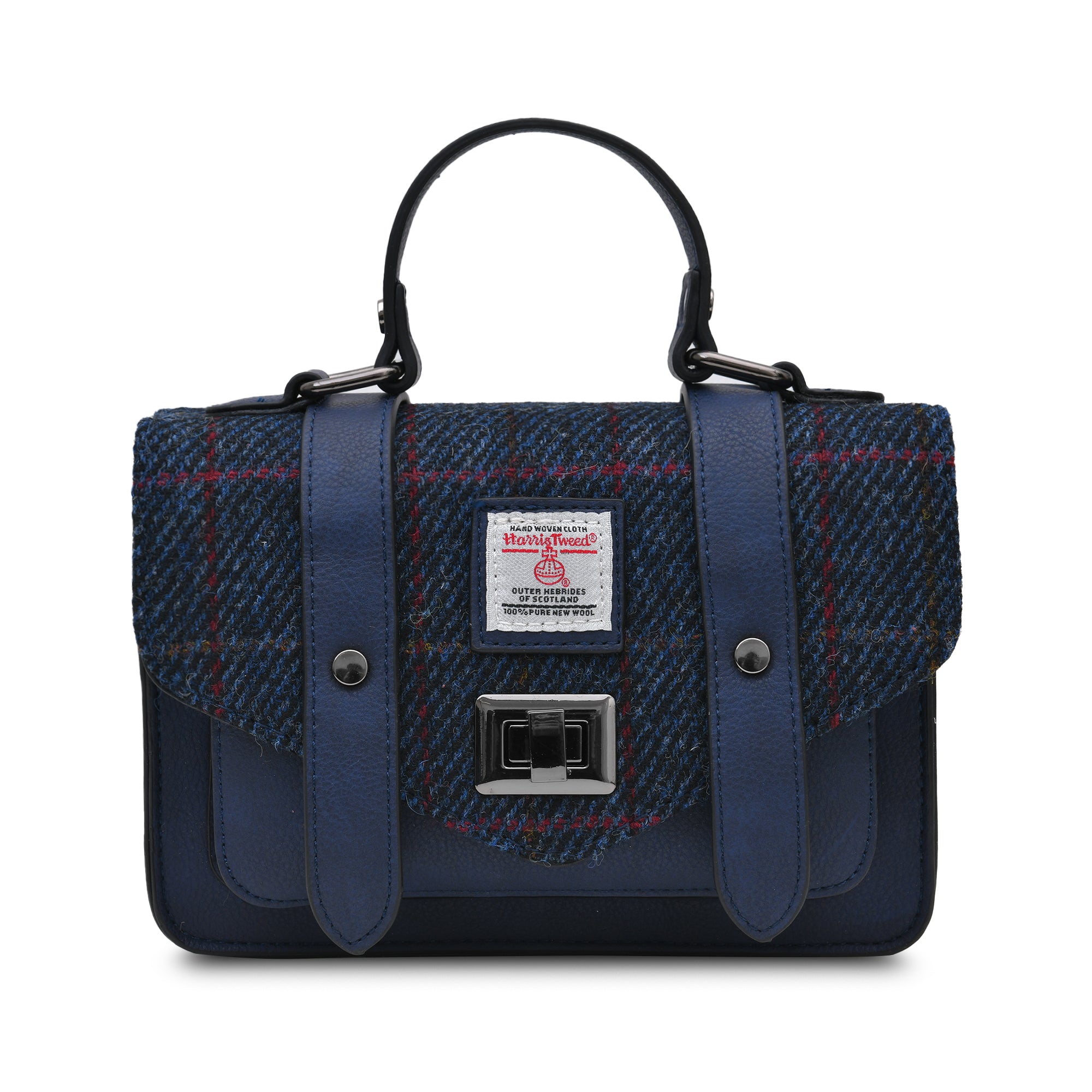 Granatowa torebka Harris Tweed i skóra ekologiczna w delikatną kratkę