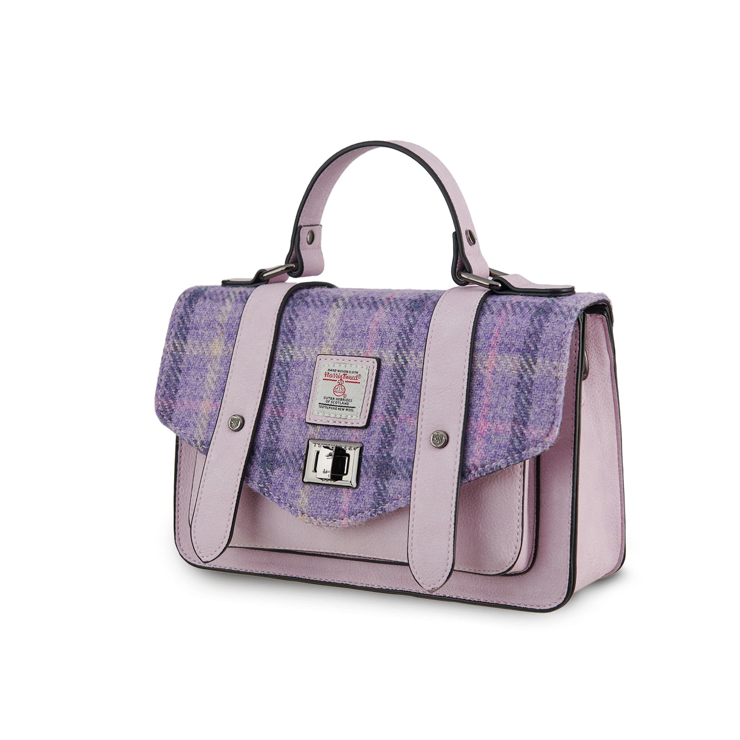 Torebka z Harris Tweedu i skóry ekologicznej - lawendowa w kratkę