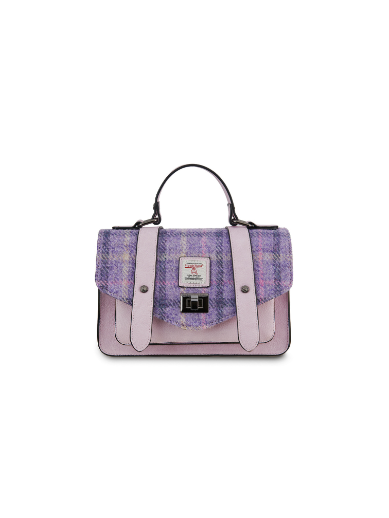 Torebka z Harris Tweedu i skóry ekologicznej - lawendowa w kratkę