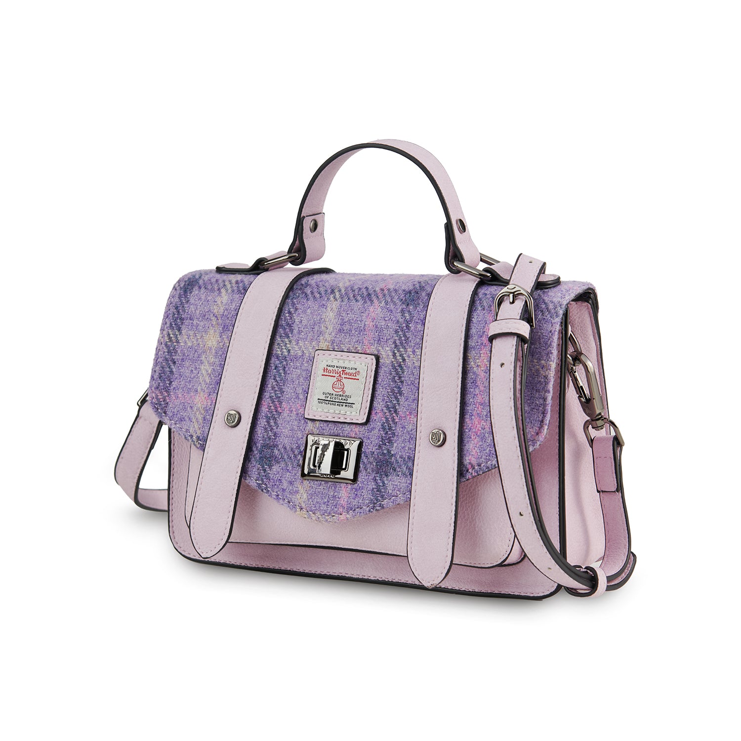 Torebka z Harris Tweedu i skóry ekologicznej - lawendowa w kratkę
