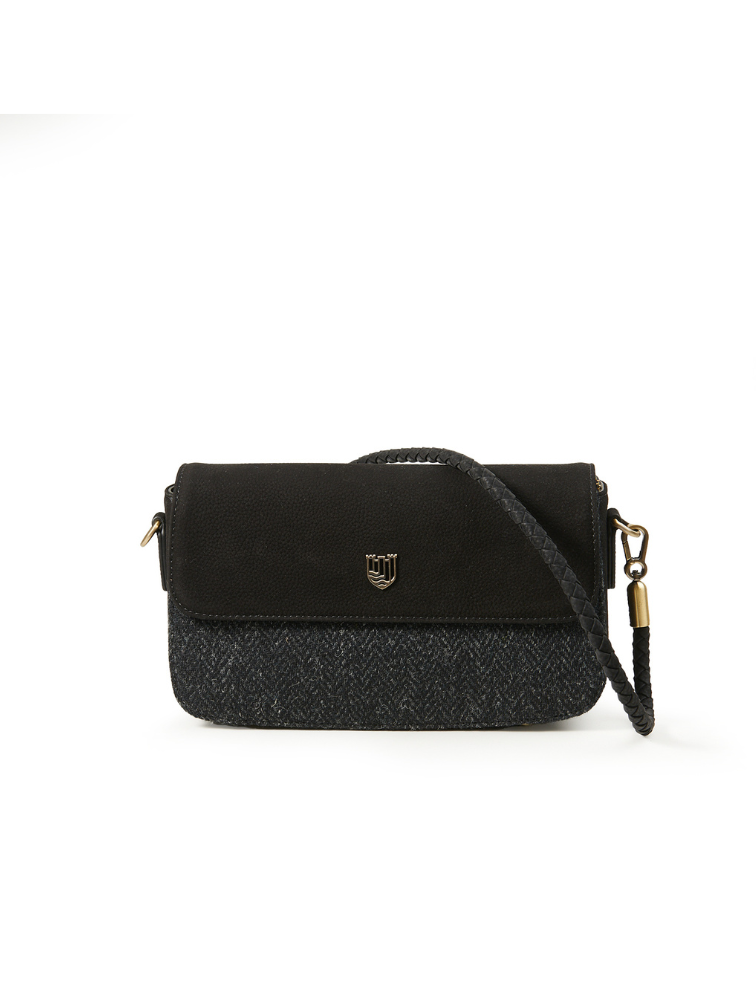 Torebka Caithness Clutch z Harris Tweedu i skóry w kratkę - czarna