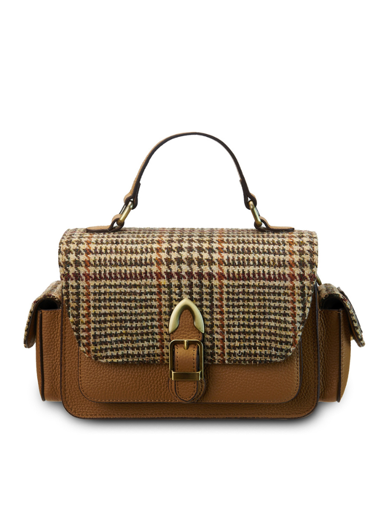 Torebka Crossbody z Harris Tweedu i skóry w kratkę - brązowa w pepitkę