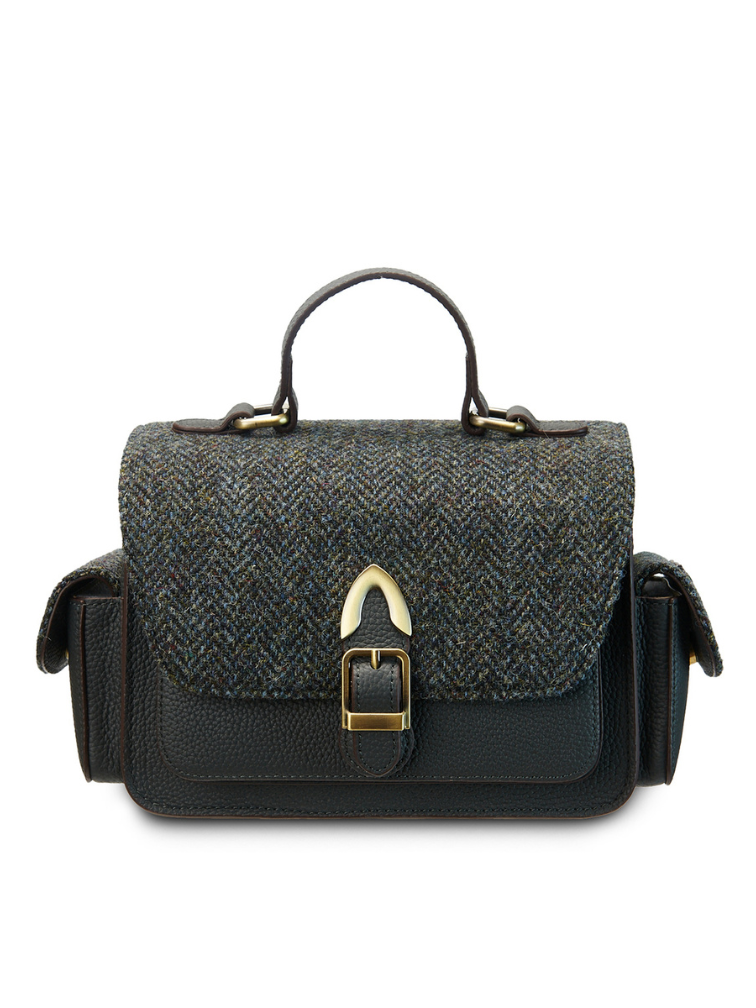 Torebka Crossbody z Harris Tweedu i skóry w jodełkę - czarna