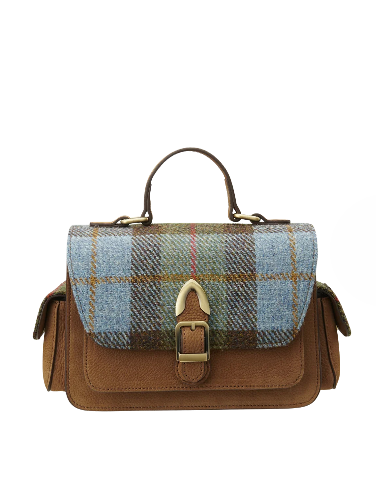 Torebka damska Crossbody z Harris Tweedu i skóry w brązowo-niebieską kratkę