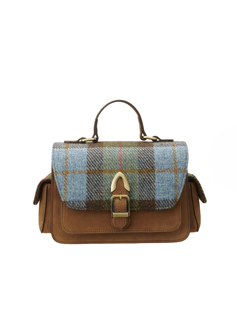 Torebka Crossbody z Harris Tweedu i skóry w brązowo-niebieską kratkę