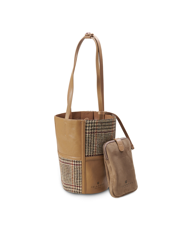 Beżowa torebka Orlagh z Harris Tweedu i skóry w pepitkę