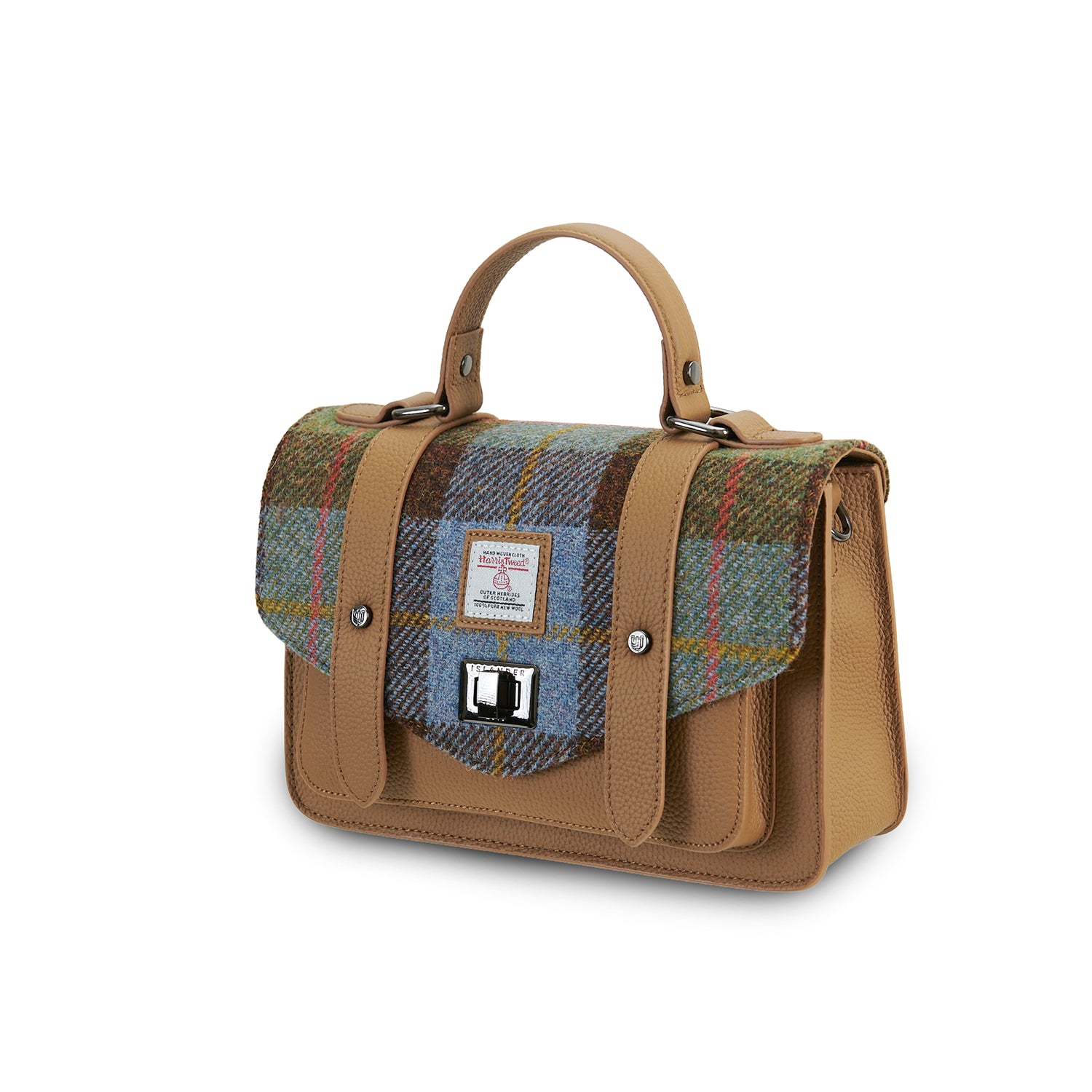 Torebka z Harris Tweedu i skóry w brązowo i niebieską kratkę