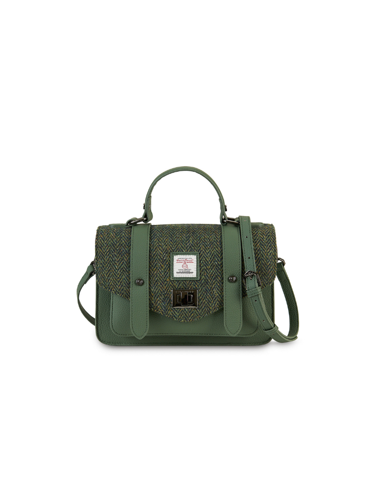 Torebka z Harris Tweedu i skóry w jodełkę - ciemnozielona