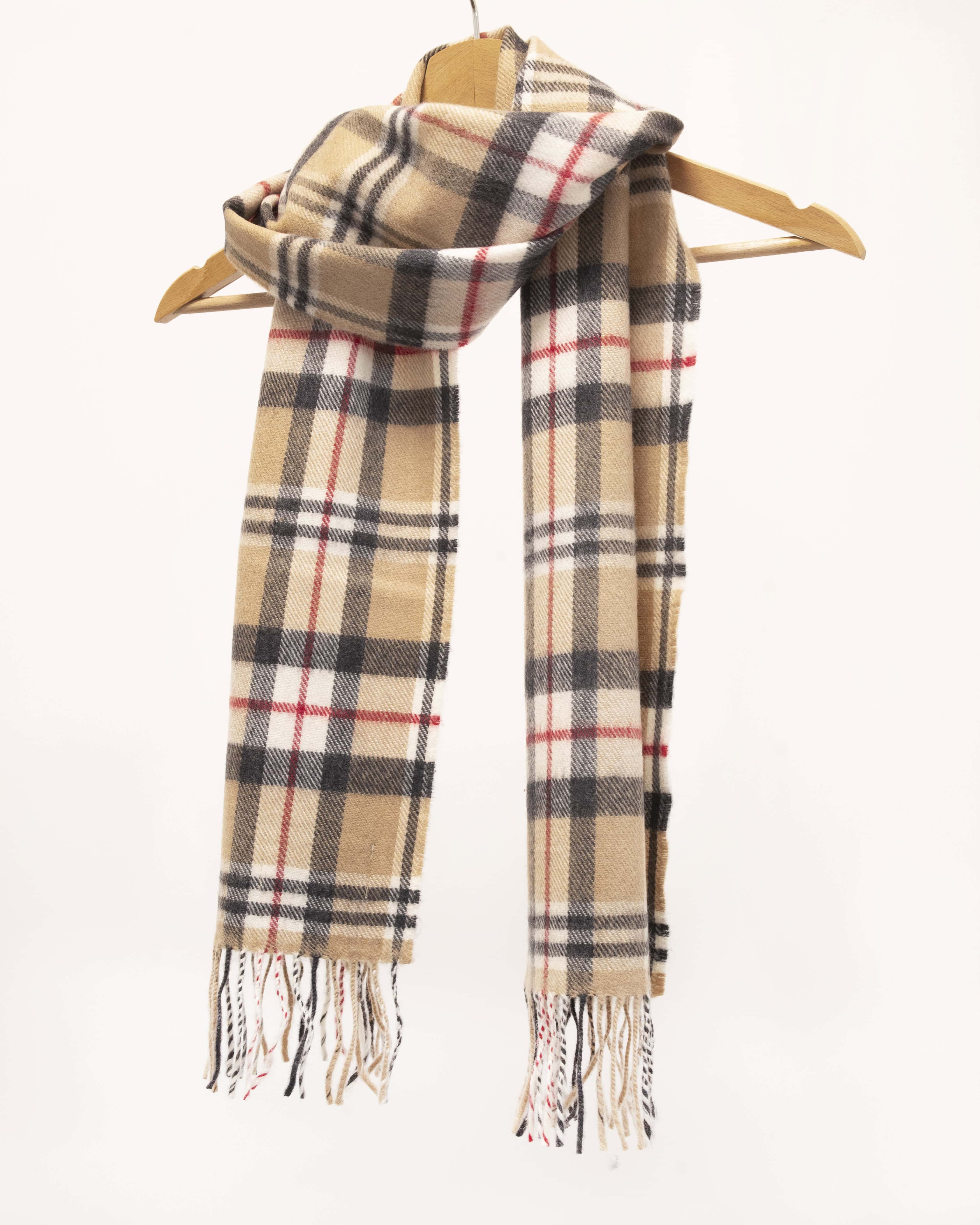 Szalik z wełny merino z tartanem Classic Camel