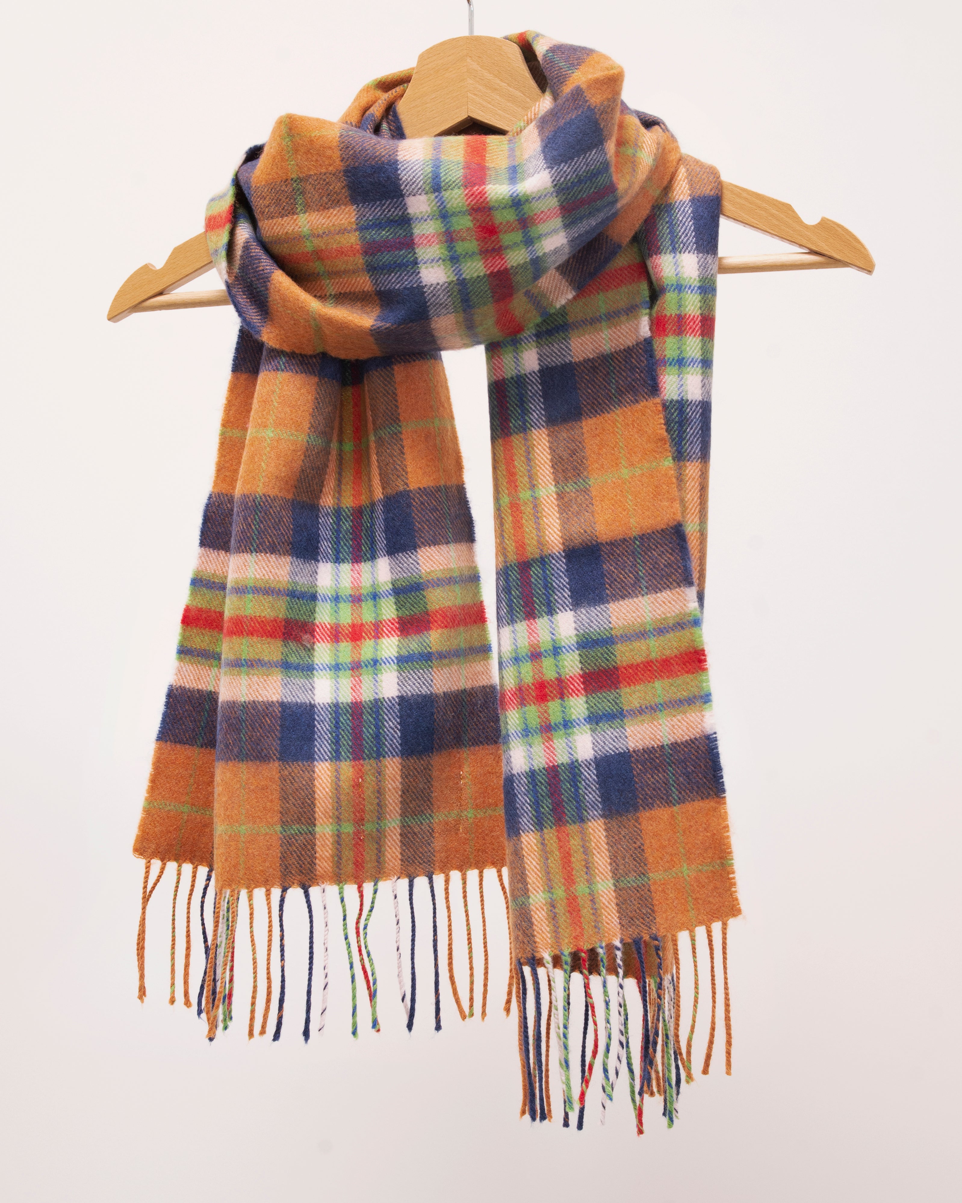 Szalik z wełny merino w kratkę pomarańczowo niebieską