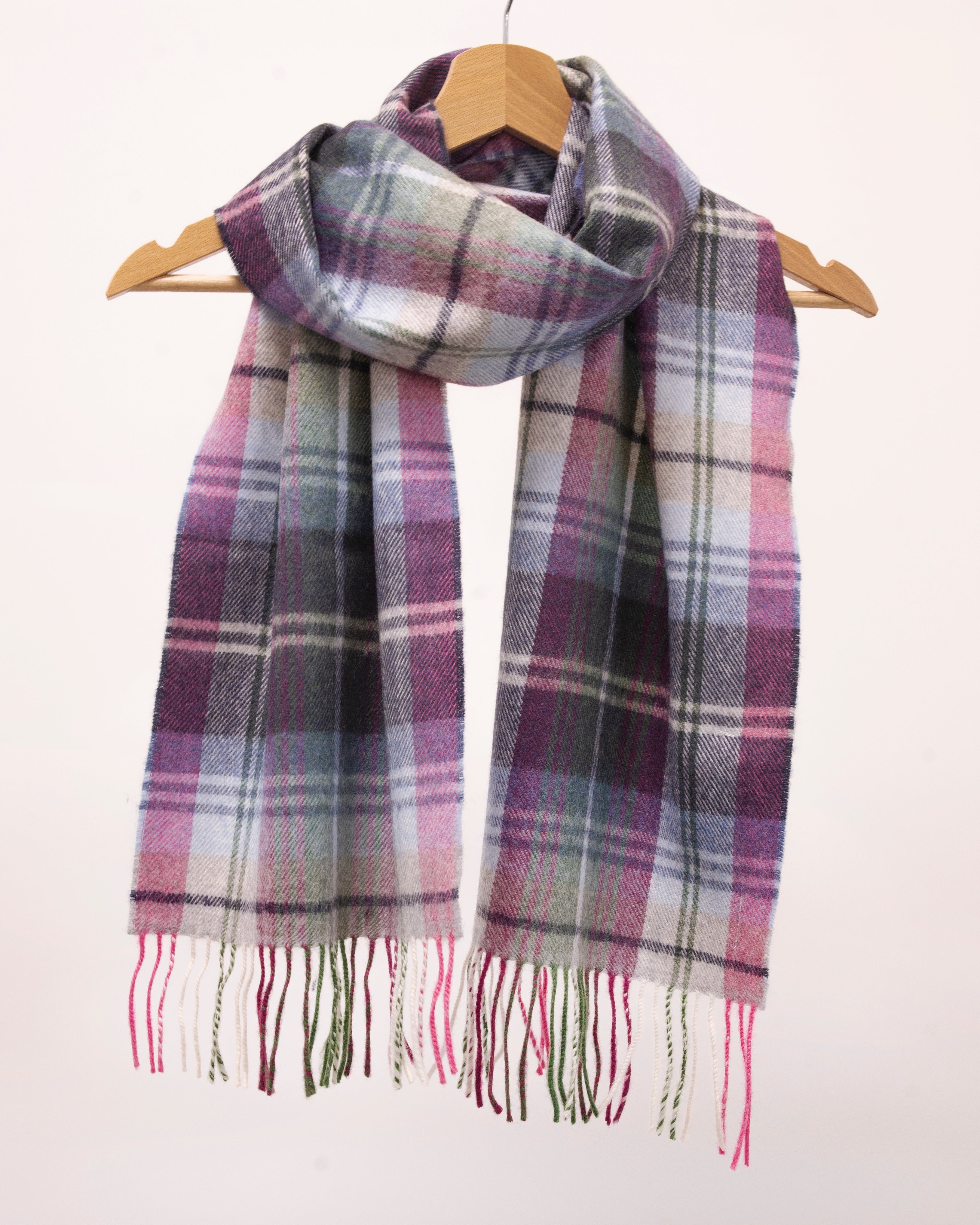 Szalik z wełny merino w kratkę - malinowy zmierzch