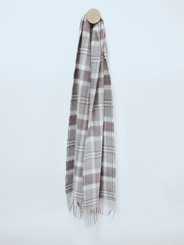 Szalik w szaro różową kratkę z wełny merino,30x180cm