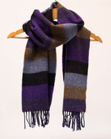 Szalik z wełny jagnięcej w pasy fioletu, szarości i beżu