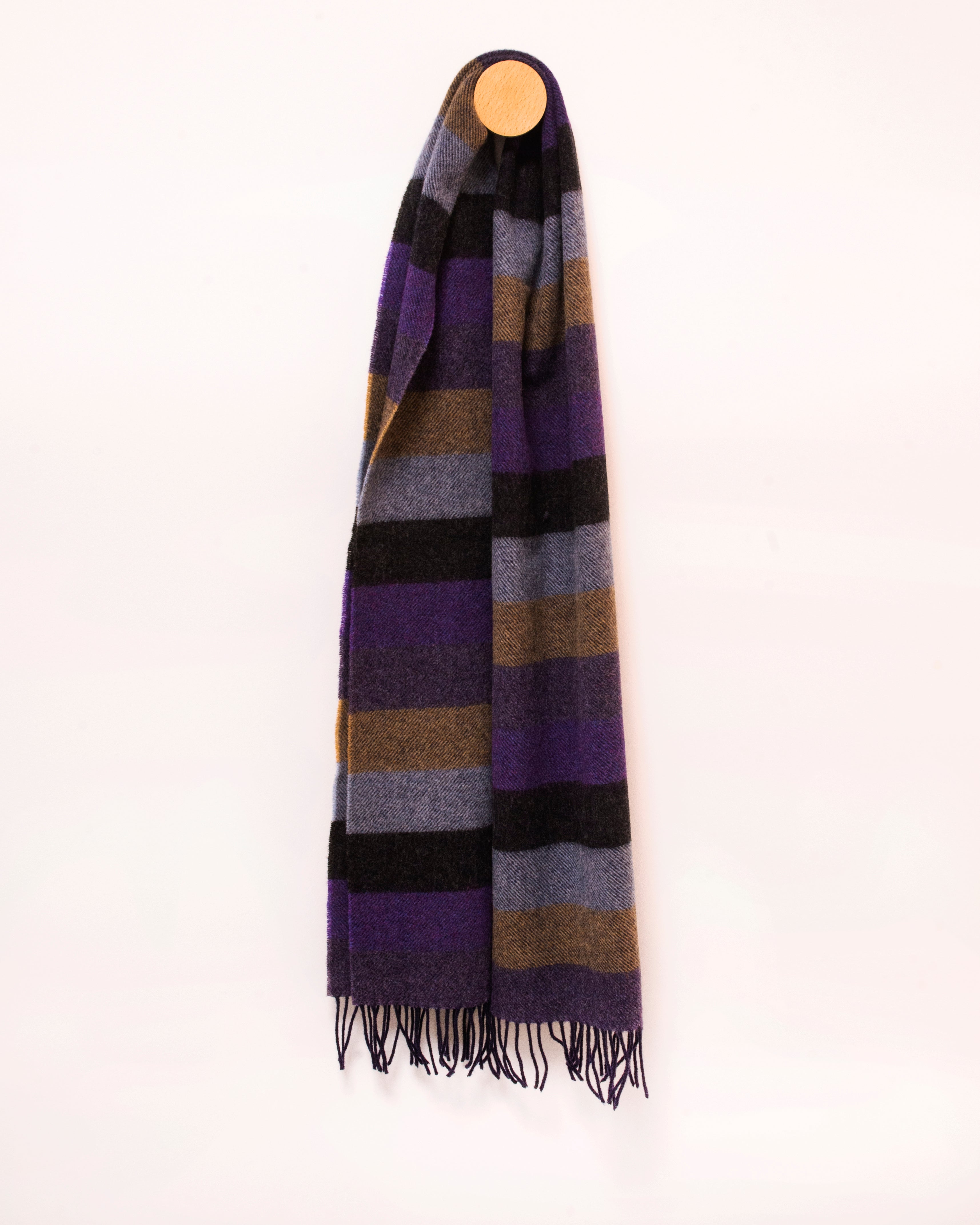 Szalik z wełny jagnięcej w pasy fioletu, szarości i beżu 30x180cm