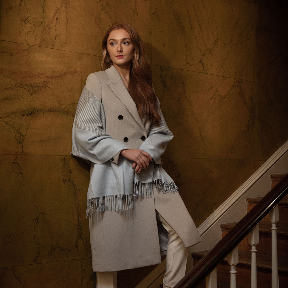 Szeroki błękitny szal z wełny merino Glencheck