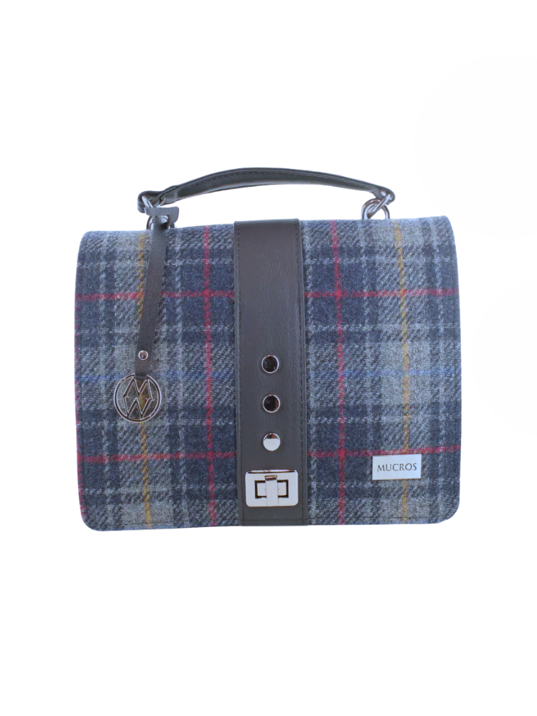 Torebka Fiona z Tweedu i eko skóry w szaro-granatową kratkę