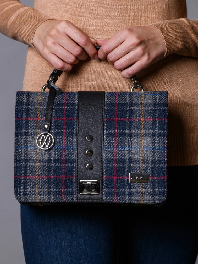 Torebka Fiona z Tweedu i eko skóry w szaro-granatową kratkę