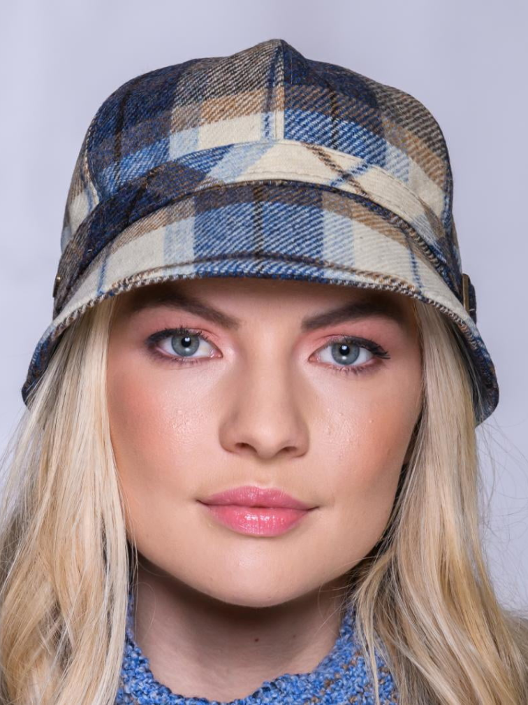 Damski kapelusz wełniany typu flapper w beżowo granatową kratkę