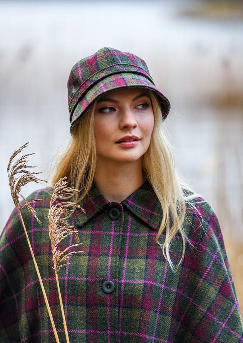 Damski zielony kapelusz wełniany w kratkę typu flapper