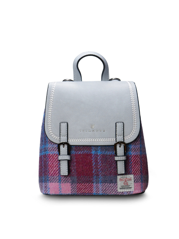 Niebieski plecak z Harris Tweedu w różową kratkę