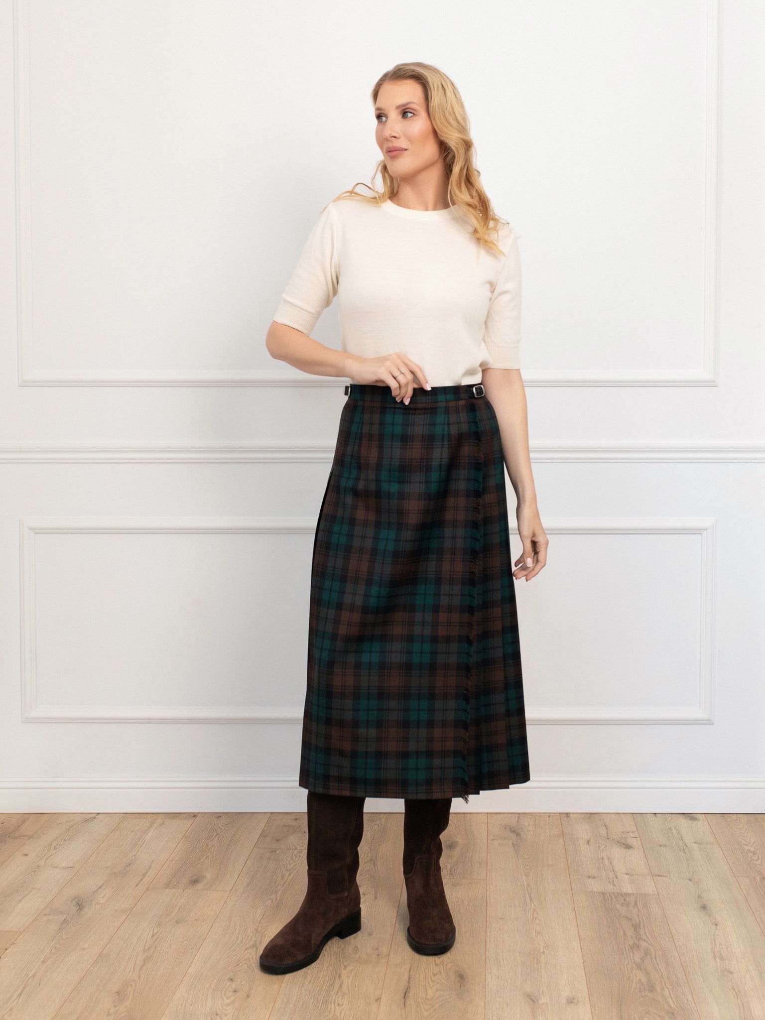 Długa wełniana spódnica typu kilt w kratę – tartan Brown Watch