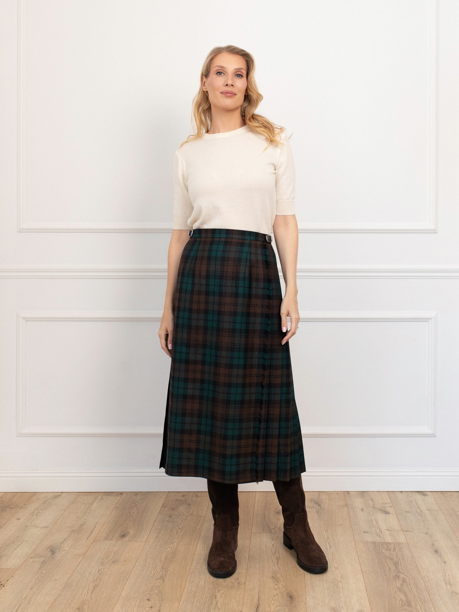 Długa wełniana spódnica typu kilt w kratę – tartan Brown Watch