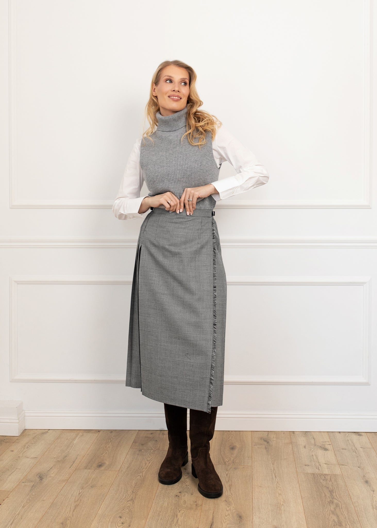 Długa wełniana spódnica typu kilt w pepitkę – Prince of Wales
