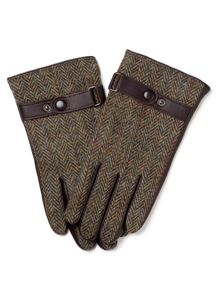 rękawiczki skórzane męskie i wełny harris tweed brązowe