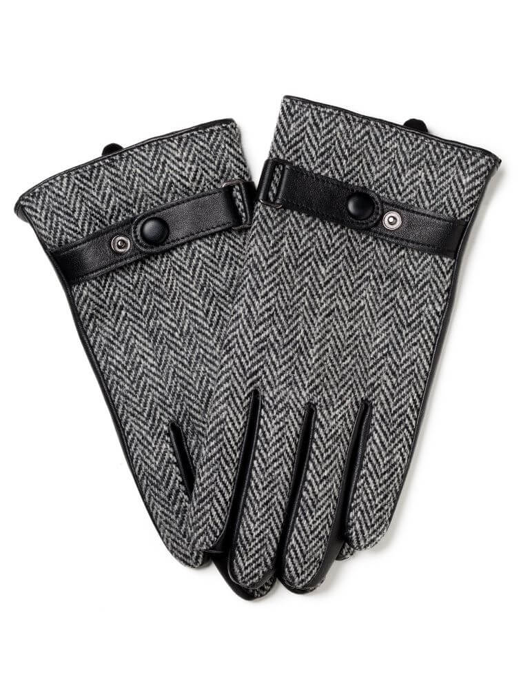 czarne rękawiczki męskie ze skóry i wełny harris tweed